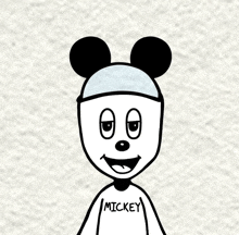 a drawing of mickey mouse wearing a hat and a shirt that says mickey