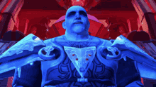 a man in a blue armor with a tattoo on his chest