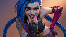 a cartoon character with blue hair and pink nails has the letter l on her wrist