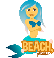 a mermaid with blue hair is holding a sign that says " beach please "