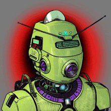 a cartoon drawing of a robot with a purple collar