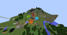 an aerial view of a minecraft world with a few buildings and trees