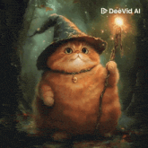 a cat wearing a witch hat and holding a wand with deevid ai written below it