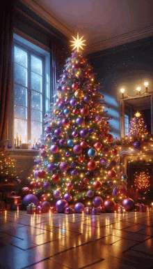 a christmas tree is decorated with purple and red ornaments and a star on top