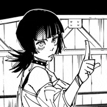 a black and white drawing of a girl with short hair giving a thumbs up .