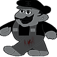 a cartoon drawing of a man with a mustache and overalls with the letter h on his hat