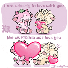 a cartoon of two cows holding hearts with the words " i am udderly in love with you " below them