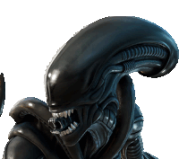 a close up of a black alien with its mouth open and teeth showing