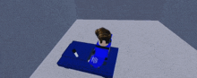 a boy in a blue shirt is laying on a blue couch