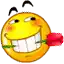 a smiling smiley face is holding a red rose in its mouth .
