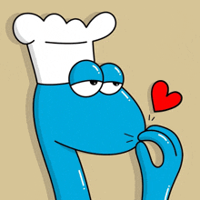 a blue cartoon character wearing a chef 's hat and a red heart