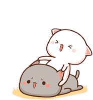 a white cat is petting a gray cat on its back .