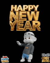 a happy new year greeting with a cartoon character