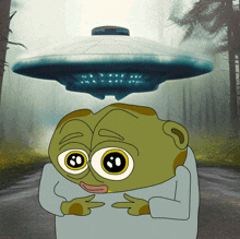 a cartoon of a frog standing in front of a ufo