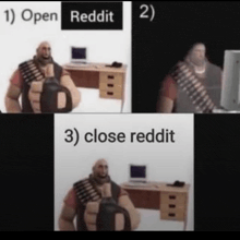 a picture of a man holding a gun next to a desk with the words " open reddit " and " close reddit " .