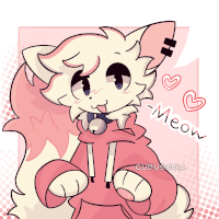 a drawing of a cat wearing a pink hoodie with the word meow below it