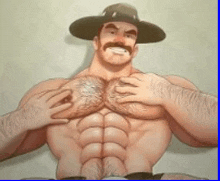 a cartoon of a man with a mustache wearing a cowboy hat and holding his chest .