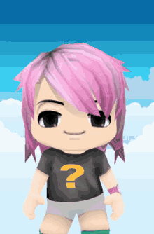 a little girl with pink hair is wearing a black shirt with a yellow question mark on it