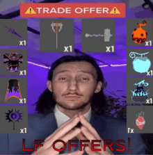 a man in a suit and tie is standing in front of a trade offer sign