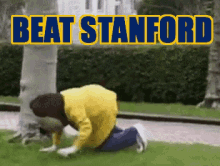 a man in a yellow shirt is kneeling down in front of a tree with the words beat stanford above him