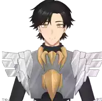 a drawing of a boy wearing a gray and gold armor with wings