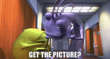 a purple ant is standing in a hallway next to mike wazowski .