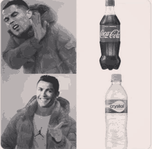 a bottle of coca-cola and a bottle of crystal water