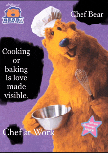 a bear from the big blue house holding a whisk and a bowl