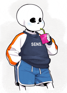 a cartoon drawing of a skeleton wearing a sweater that says sens