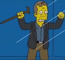 a cartoon character from the simpsons is holding a cane in front of a blue wall .