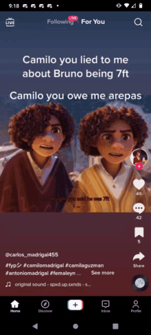 a screenshot of a tiktok app shows two cartoon characters with the caption camilo you lied to me about bruno being 7ft