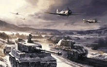 a painting of a battle scene with tanks and planes flying over them .