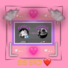 a picture of two people in a frame with pink hearts and butterflies .