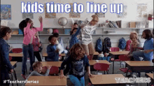 a group of children are dancing in a classroom with the words kids time to line up above them .