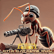 an ant wearing a helmet and goggles holding a machine gun