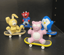 a bunny a pig a penguin and a devil are riding skateboards