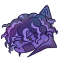 a cartoon drawing of a person 's head with purple hair and a cat 's ear .