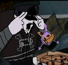 a cartoon character with a skull and crossbones hoodie is eating a pizza