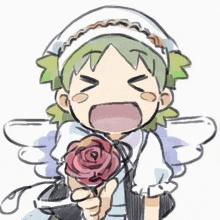 a drawing of a girl with green hair holding a red rose