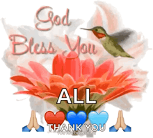 a picture of a hummingbird and flowers with the words god bless you all thank you
