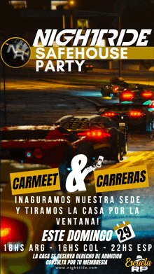 a poster for nightride safehouse party with cars on the street