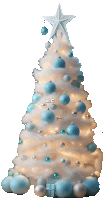 a white christmas tree decorated with blue and silver ornaments and a star on top