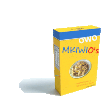 a box of owo mkiwio 's cereal has a picture of a bowl of cereal on the front