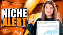 a woman is holding a computer screen in front of a sign that says niche alert .
