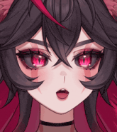 a close up of a girl 's face with black hair and red eyes