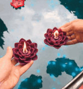 a person holding a purple flower shaped candle in front of a pool of water