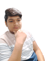 a young man wearing a striped shirt has his hand to his chin