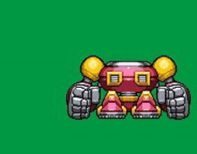 a pixel art drawing of a robot with a green background .