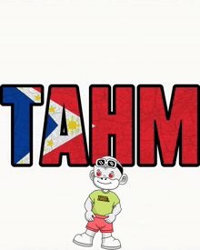 a cartoon character stands in front of a sign that says tahm