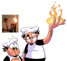 a cartoon character with a chef 's hat is holding a fire